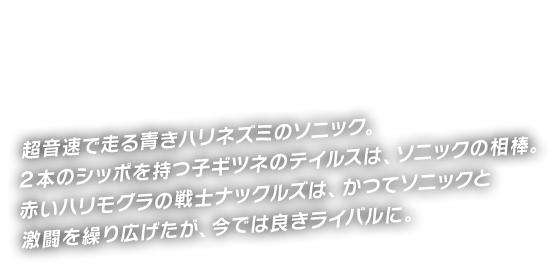 超音速で走る青きハリネズミのソニック。２本のシッポを持つ子ギツネのテイルスは、ソニックの相棒。赤いハリモグラの戦士ナックルズは、かつてソニックと激闘を繰り広げたが、今では良きライバルに。