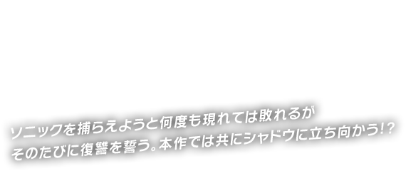 ソニックを捕らえようと何度も現れては敗れるがそのたびに復讐を誓う。本作では共にシャドウに立ち向かう!?